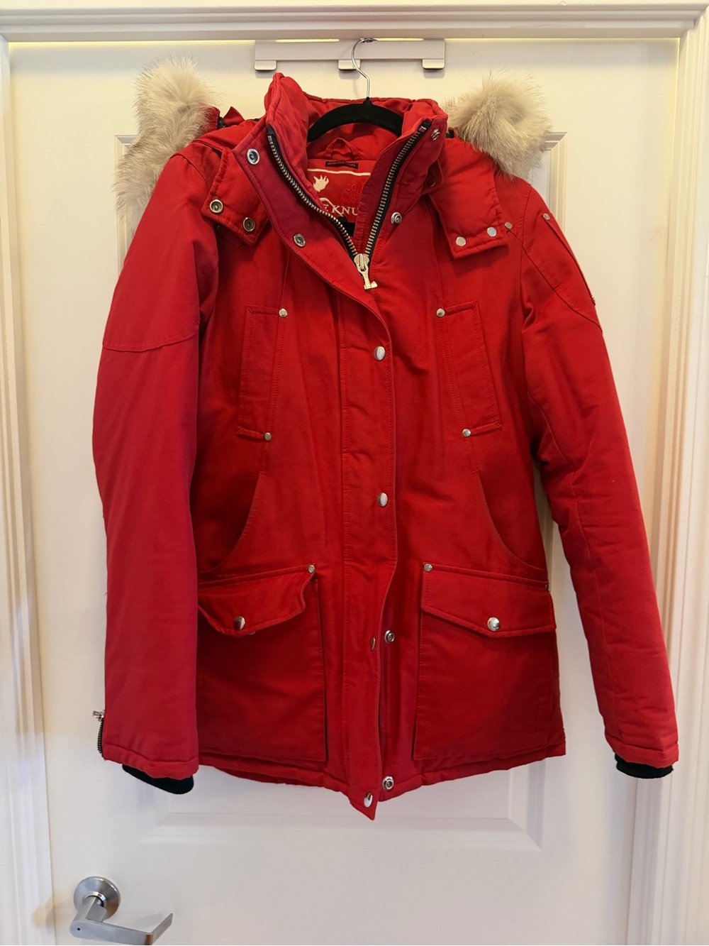 Moose Knuckles Women's Red Down Filled Fur Hooded Winter Parka Medium